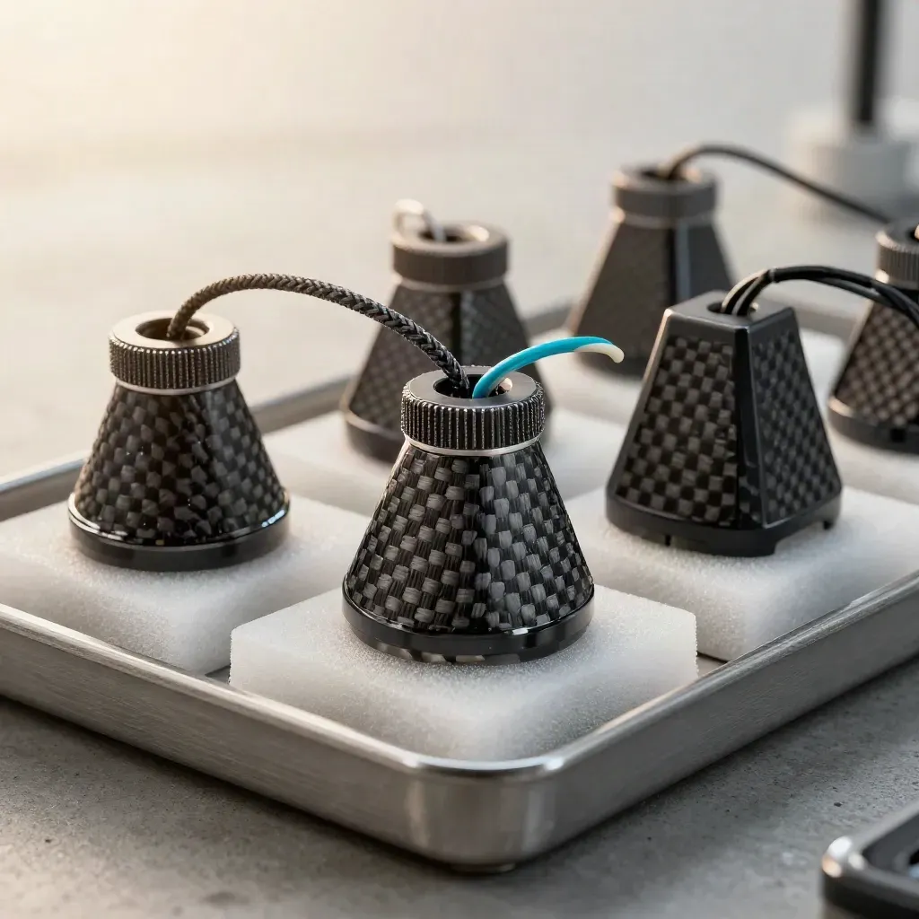 Carbon sensor housings and braided leads nested in a calibration tray on a concrete lab bench.