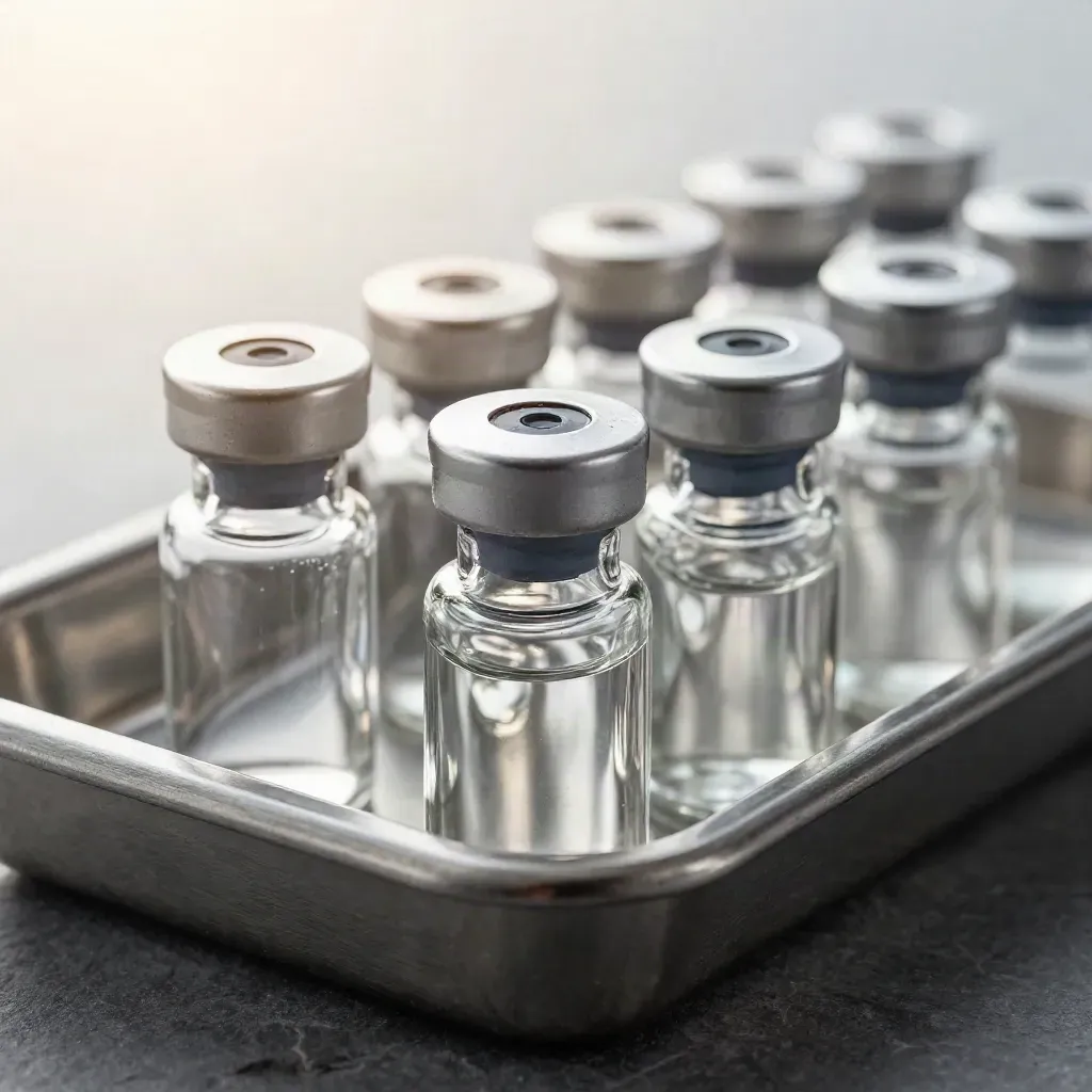 Macro of sealed lab sample vials with brushed aluminium caps in a stainless tray.
