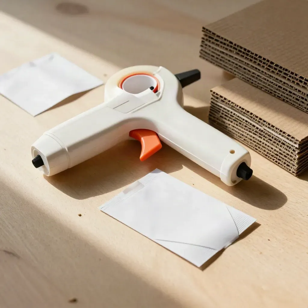 Top-down retail packing still life with tape gun, corner protectors, and corrugated sample stacks on pale wood.