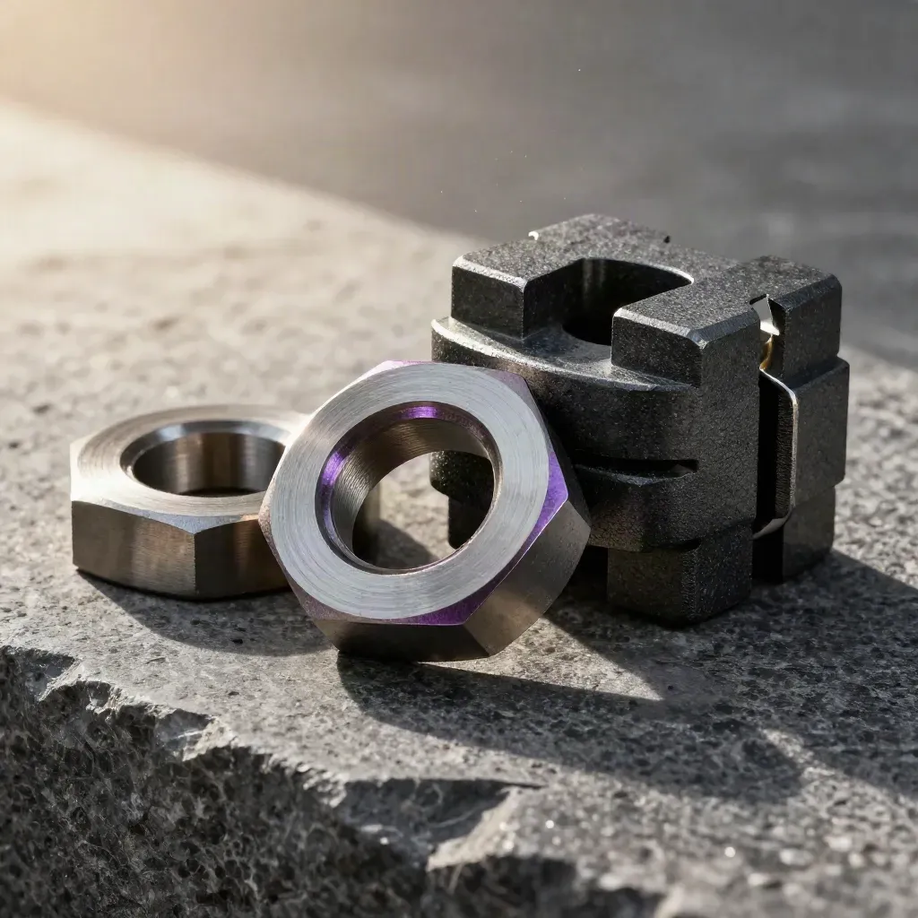 Metal washers, hex spacers, and a graphite clamp block on stone in close macro.