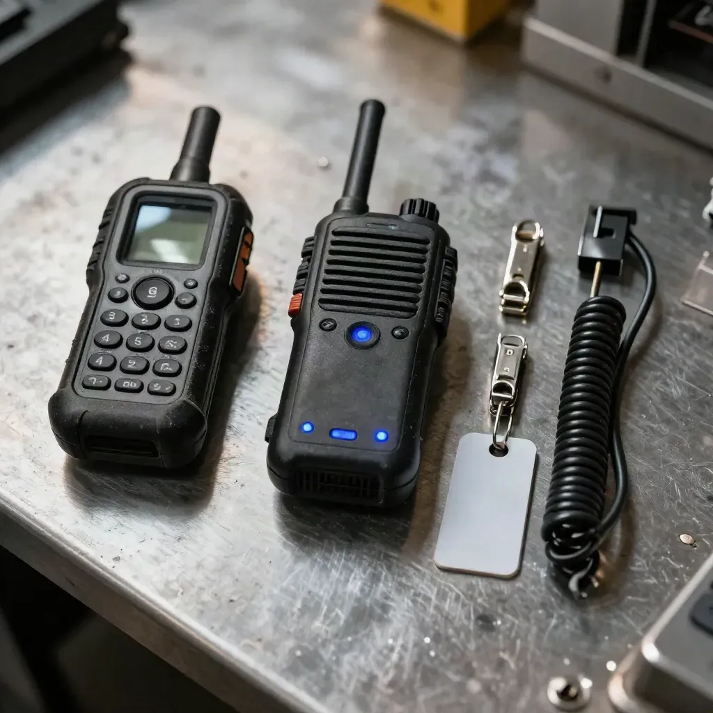 Top-down warehouse kit with scanner dock, radio charger, and cable clips on brushed metal.