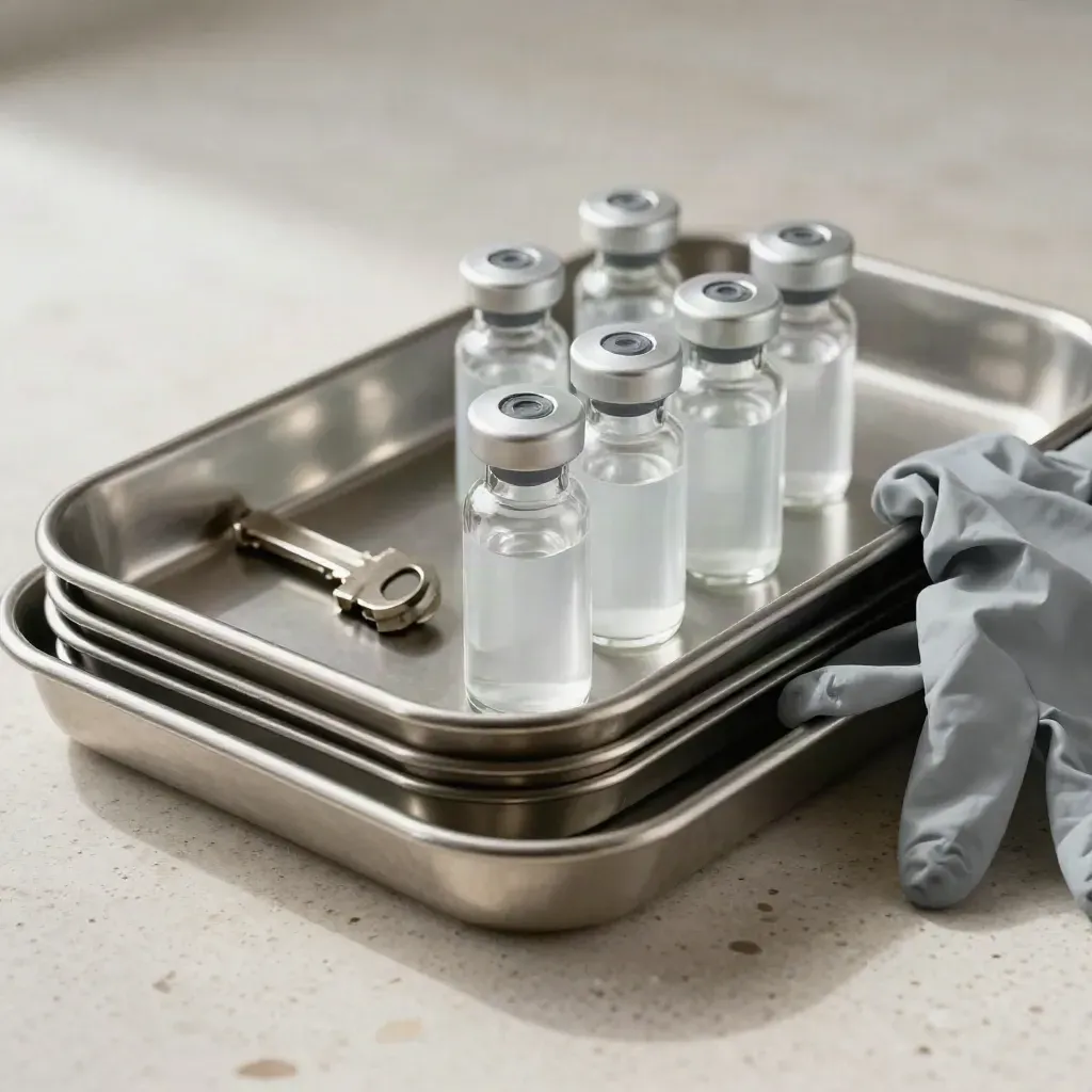 Stainless healthcare trays, capped vials, and grey gloves on pale stone
