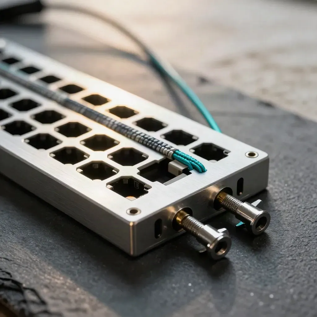 Macro of an aluminium patch panel with braided jumpers on a graphite workbench