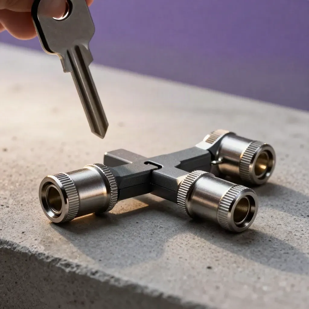 Linked metal coupler ends with spare ferrules on a cool concrete surface