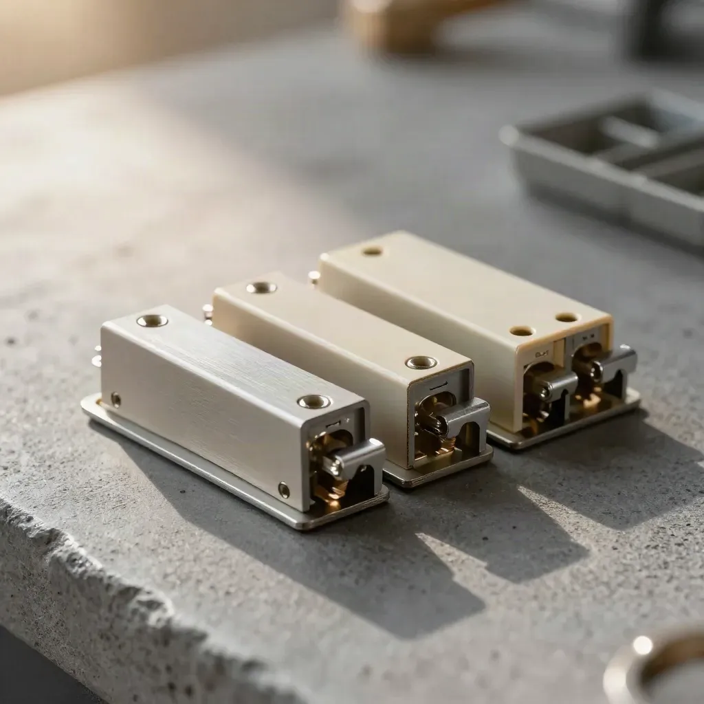 Macro of relay block, terminal bridges and divider trays on graphite concrete.