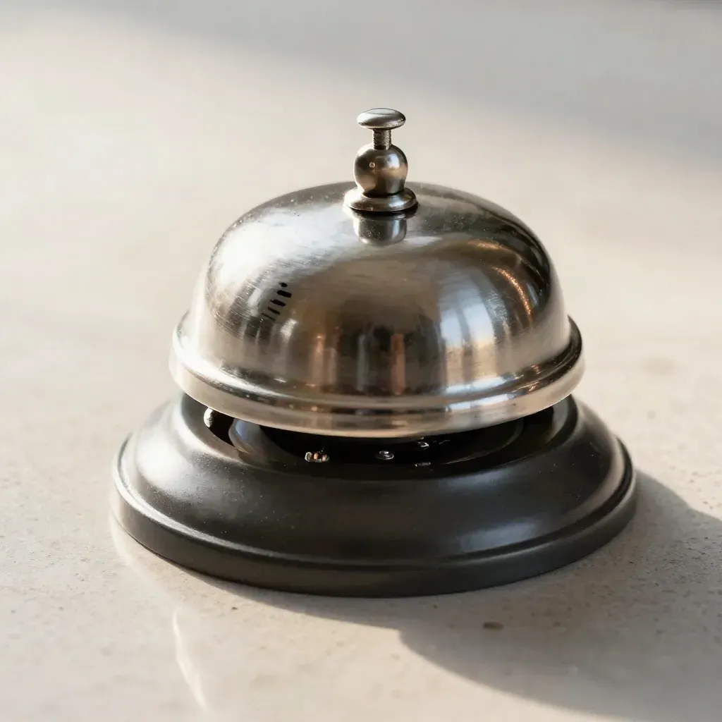 Macro still life of a metal service bell, buzzer housing, and signal toggle on stone
