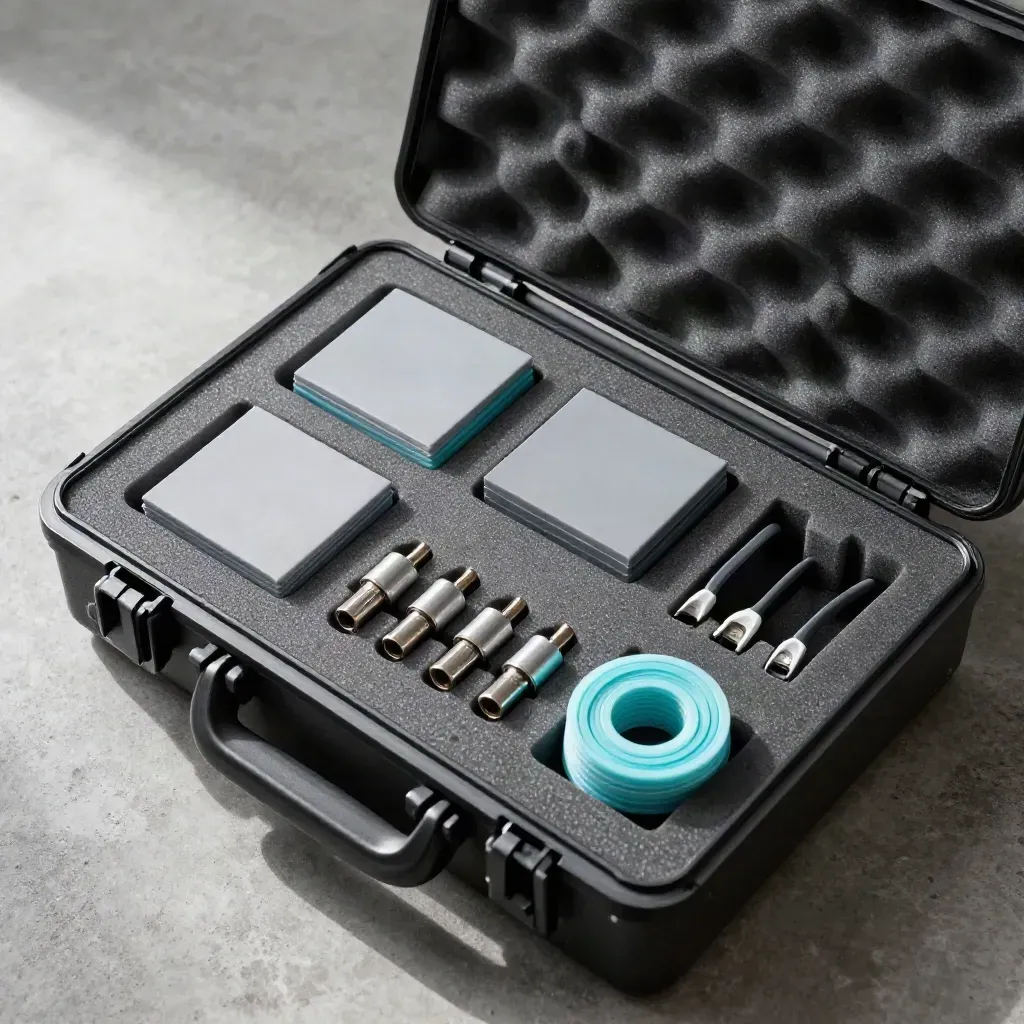 Open foam equipment case with cable ties and adapter sleeves on concrete, overhead studio still life.