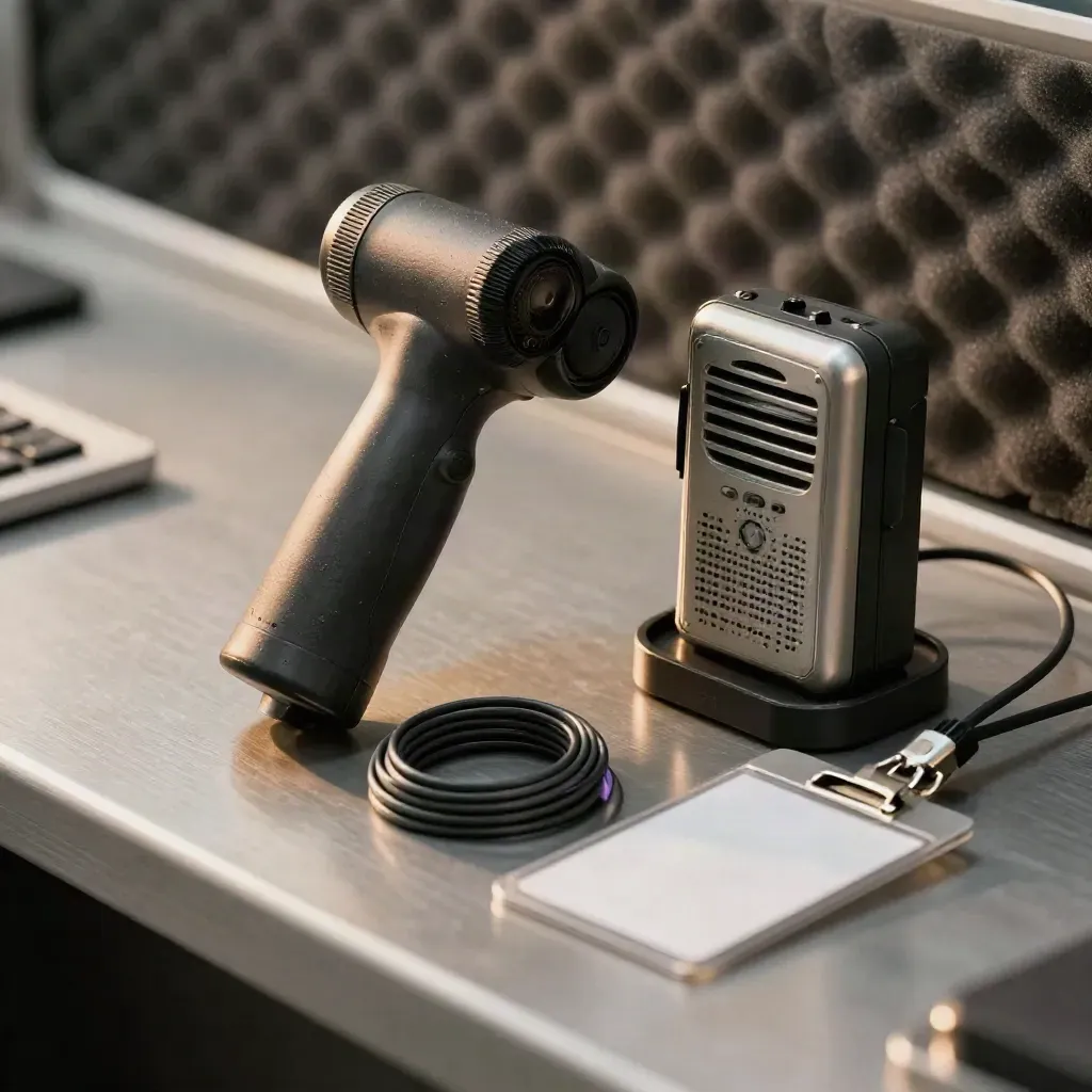 Scanner cradle, desk radio, cable ties and badge reel on a dispatch bench, shot through a blurred coil.