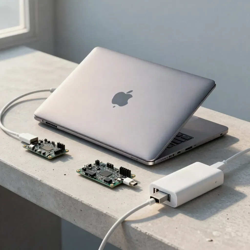 Closed laptop shell, dev board, USB hub and adapters on a pale concrete bench in soft window light.