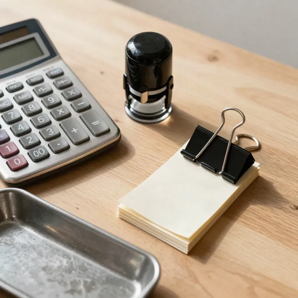 Overhead finance still life with calculator, receipt tray, stamp and binder clips on pale wood.