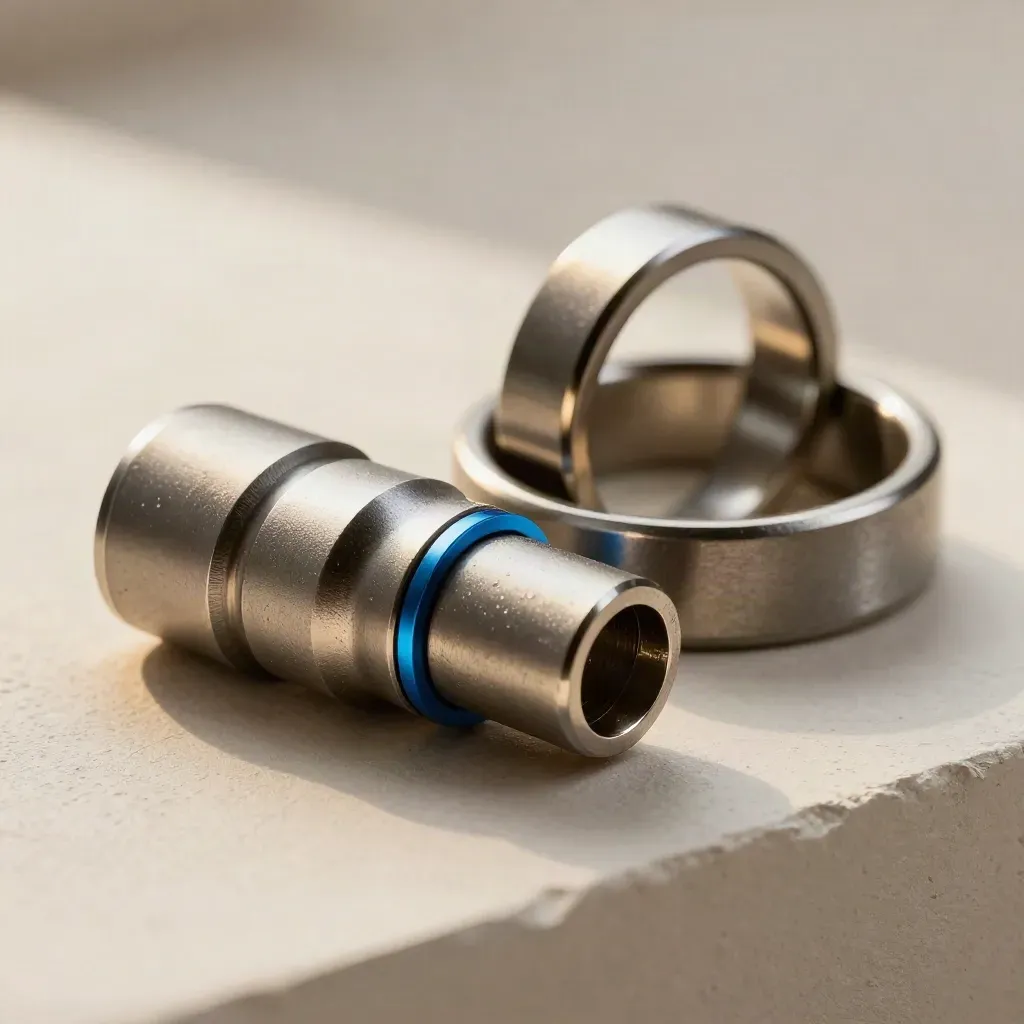 Linked metal rings, cable elbow and connector block on ivory stone, lit from upper left.