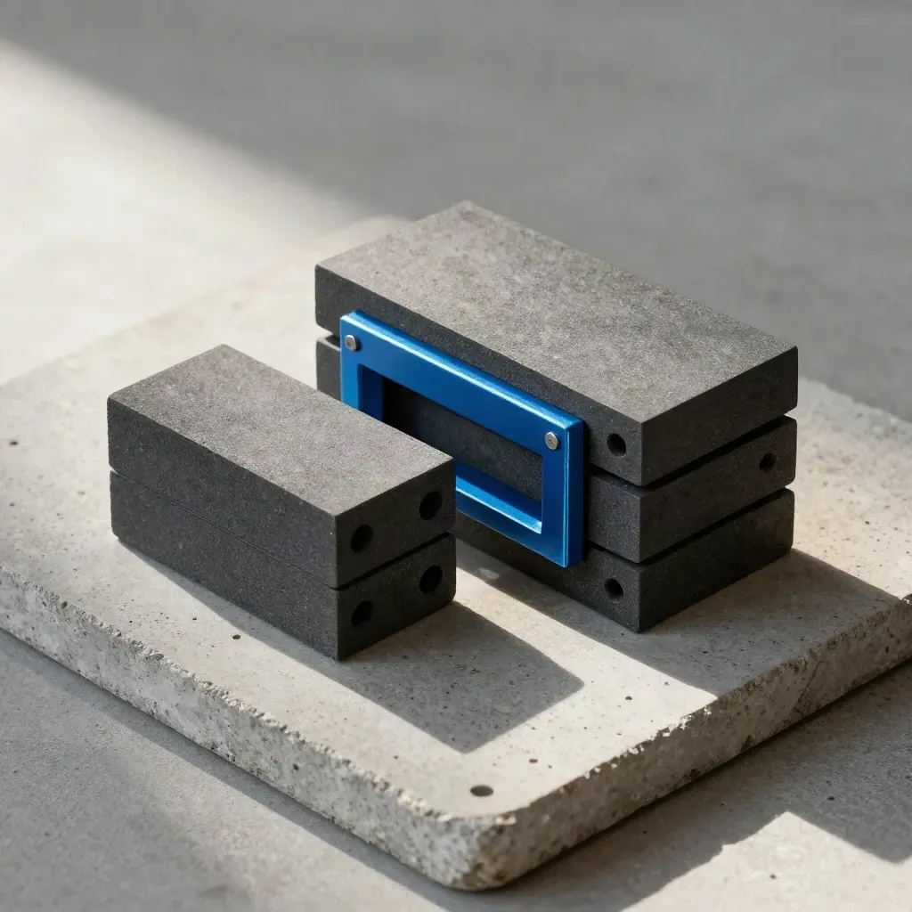 Overhead modular workflow blocks with a routing gate on cool stone, accented with cyan.