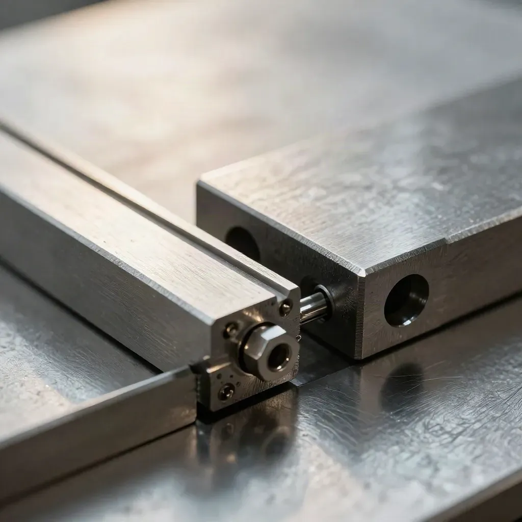 Macro of machined metal plates joining with pins and a hex coupling on brushed steel