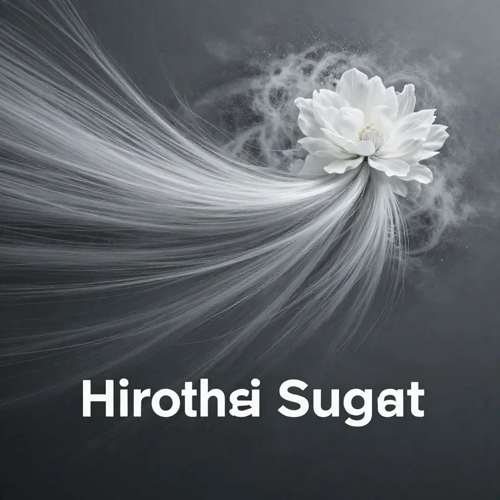Abstract silver filaments stream into a soft white bloom in graphite haze with quiet lower-third space.